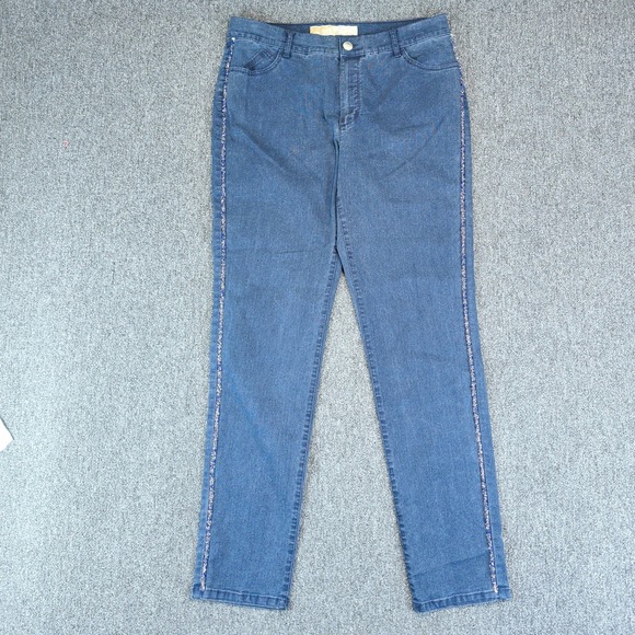 Dismero Italian Glam High Rise Slim Leg Pants Women 34 Blue Glitter Side Stripe — photo 2